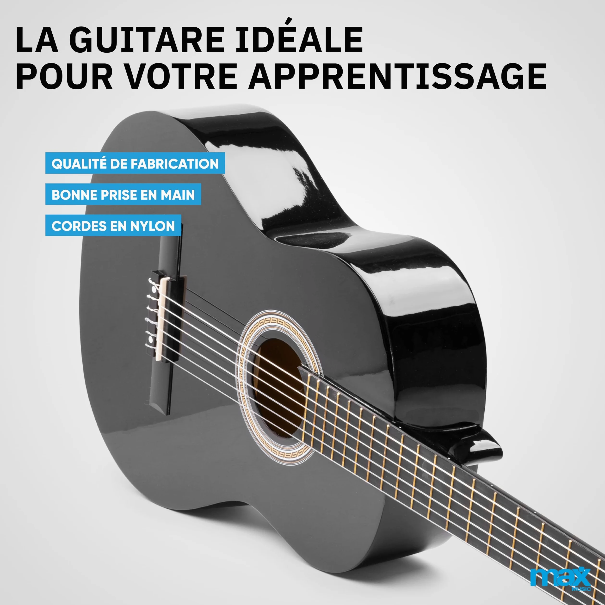 Max SoloArt - Guitare Classique Adulte Débutant - Noir, Cordes en Nylon, Livré avec un Tuner Digital, un Sac de Transport, des Médiators et une Sangle, Idéal pour Musiciens Débutants