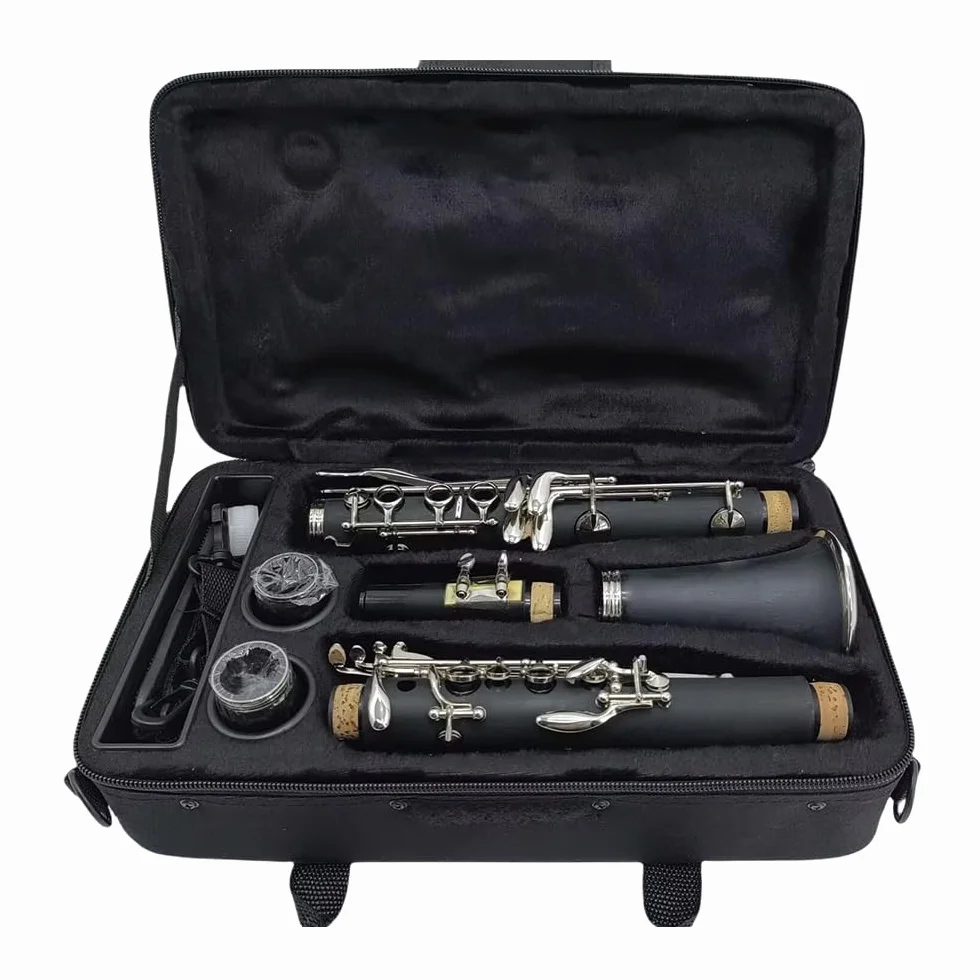 Clarinette en si bémol pour étudiant en bois d'ébonite si bémol 17 touches nickelé pour débutant avec 2 barils avec chiffon de nettoyage gants Noir Orchestre Instrument de musique