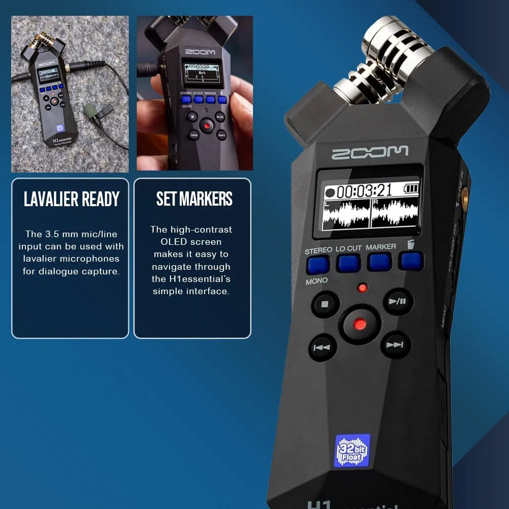Zoom H1essential Enregistreur stéréo pratique, enregistreur audio portable H1 Essential (H1E) flottant 32 bits, microphone USB et X/Y, SD 64 Go, trépied, micro à condensateur, manchon de micro et plus