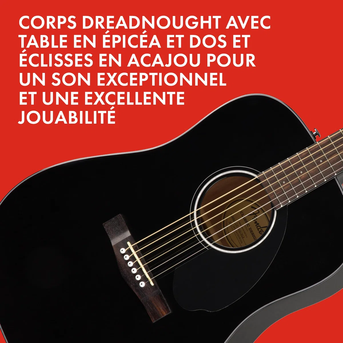 Fender CD-60S Dreadnought Guitare Acoustique, Touche en Noyer, Noir, Inclus des Cours Virtuels Gratuits sur Fender Play
