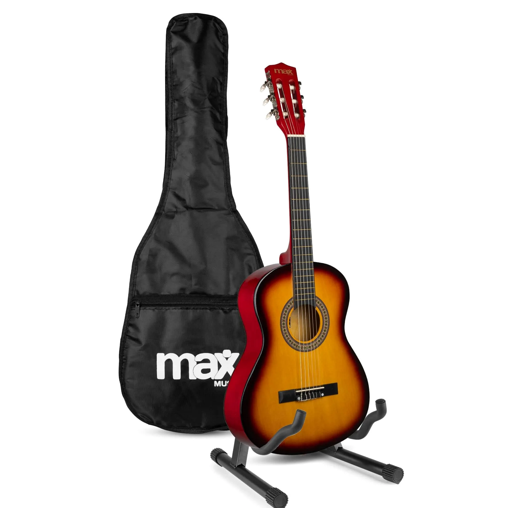Max SoloArt Pack Guitare Classique Junior 3/4 - Sunburst, Cordes en Nylon, 8 à 12 ans, Sac de Transport, Médiators, Sangle, Support Guitare, un Cadeau pour Enfants Idéal pour Débuter la Guitare