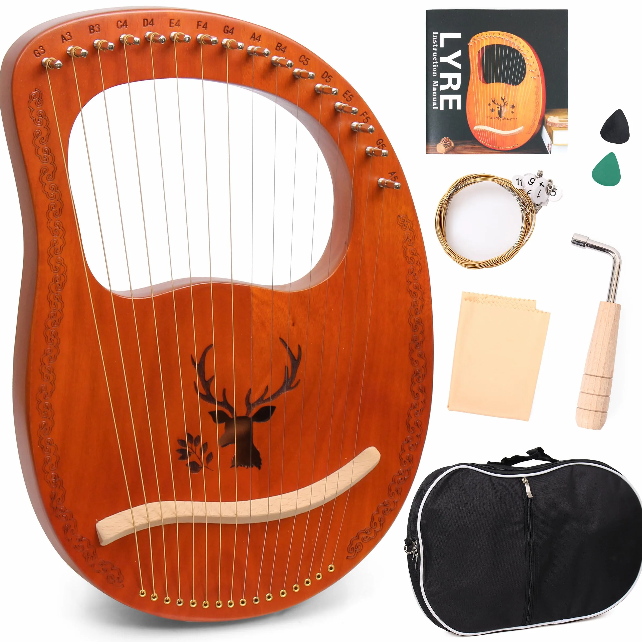 Lyre Harpe 16 Cordes Métalliques en Acajou Petite Harpe Portable Harpe Lyre Métal Selle avec Clé de Réglage et Housse Noire, Marron, Motif d'élan