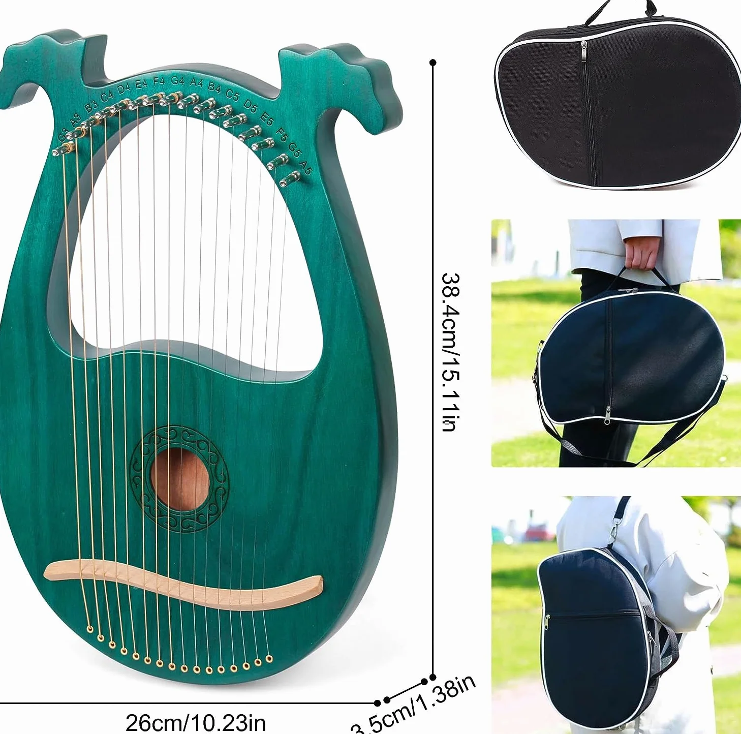 Lyre Harpe 16 Cordes Métalliques en Acajou Petite Harpe Portable Harpe Lyre Métal Selle avec Clé de Réglage et Housse Noire, Vert, Bois de Cerf