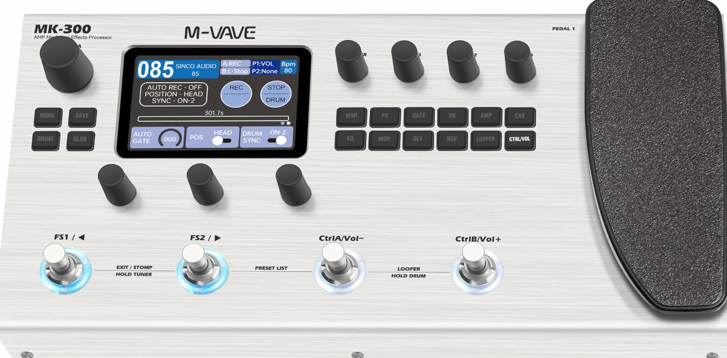 M-Vave MK-300 - Processeur multi-effets pour guitare et basse, 11 modules, plus de 320 effets, 120 amplis, chargeur IR, looper, boîte à rythmes, carte son BT et USB