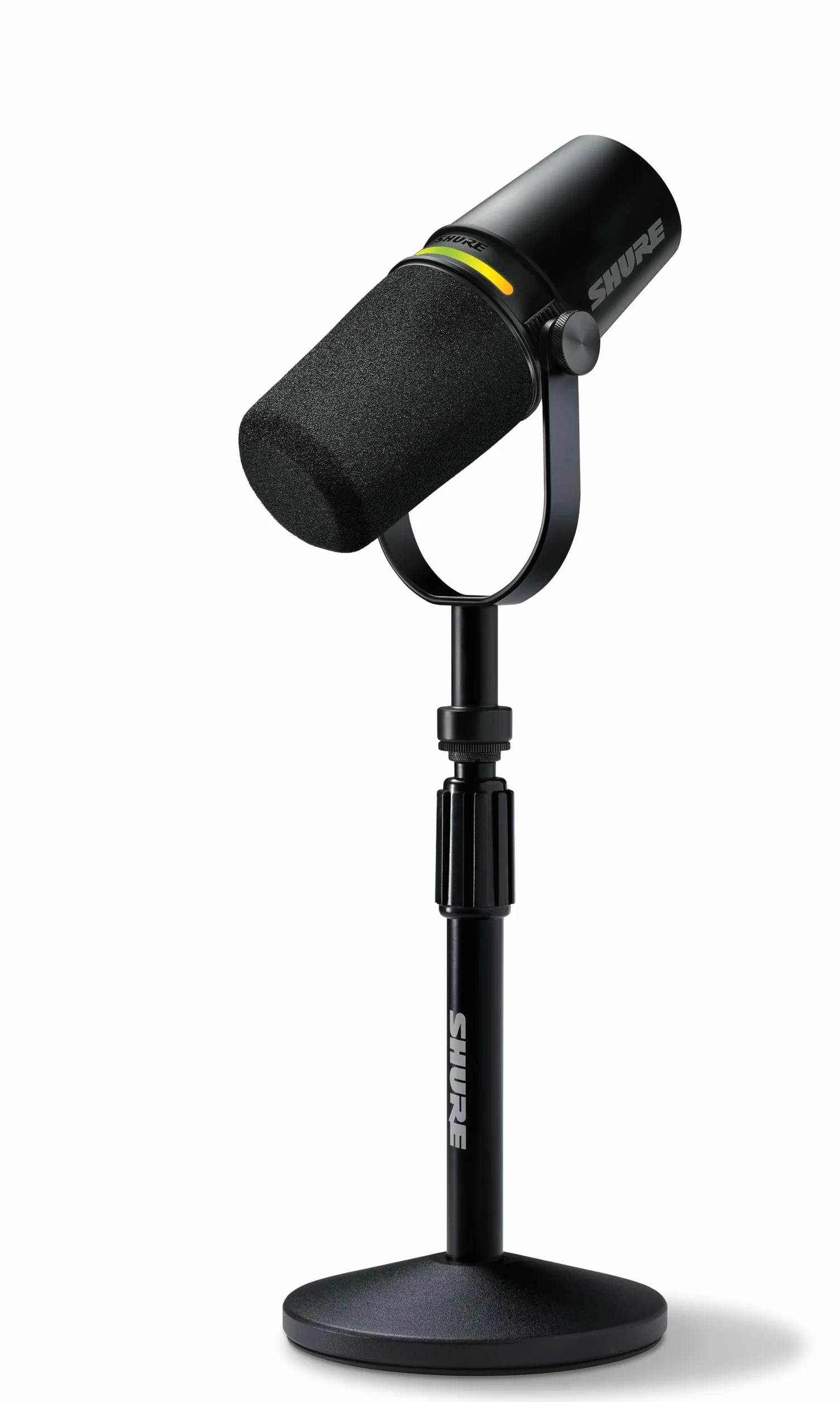 Shure MV7+ Microphone pour Podcast avec Pied de Micro-Audio amélioré, Bandeau Tactile LED, Sorties USB-C et XLR, Mode Auto Level, Filtre Anti-Pop numérique, réverbération intégrée, podcasting - Noir