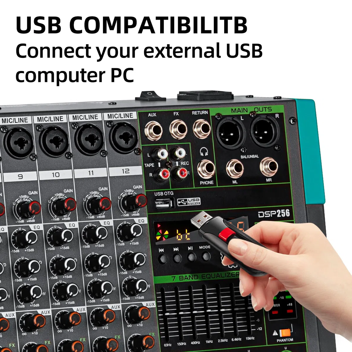 Depusheng PA12 Table de mixage professionnelle 12 canaux Contrôleur DJ avec 256 effets DSP Entrée Bluetooth Lecteur USB Alimentation fantôme 48V