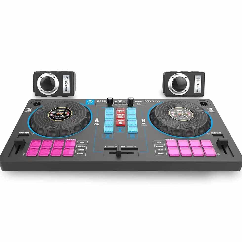 Cefa Toys Station de DJ portable avec haut-parleurs et contrôle spatial 14 en 1, avec tourne-disque, crossfader et plus de 144 combinaisons de Mix, comprend un lecteur Bluetooth et USB et une batterie