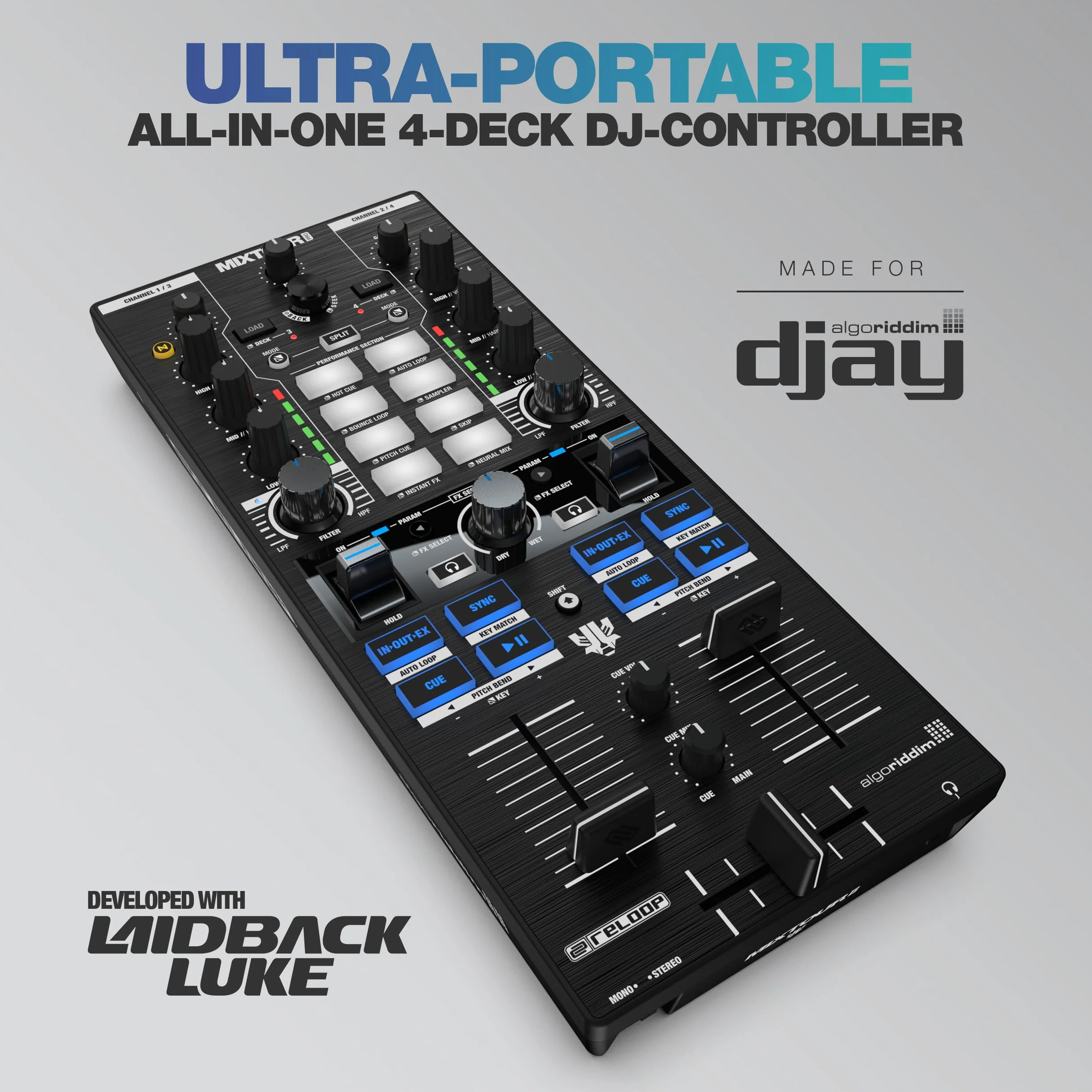 Reloop Mixtour Pro - Contrôleur DJ tout-en-un ultra-portable de haute qualité à 4 platines avec interface audio