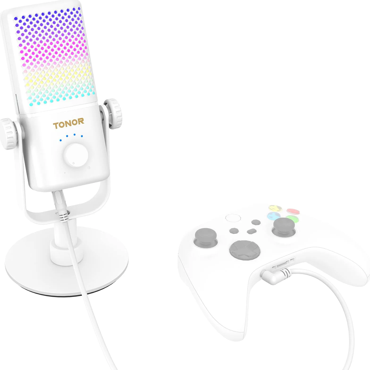 TONOR Micro Gaming Compatible avec Xbox, Microphone de Streaming à Condensateur RGB avec Autonomie de Batterie de 30 Heures, Coupure du Son en Un Clic, Compatible avec Xbox, Blanc, 200cm,TCX3