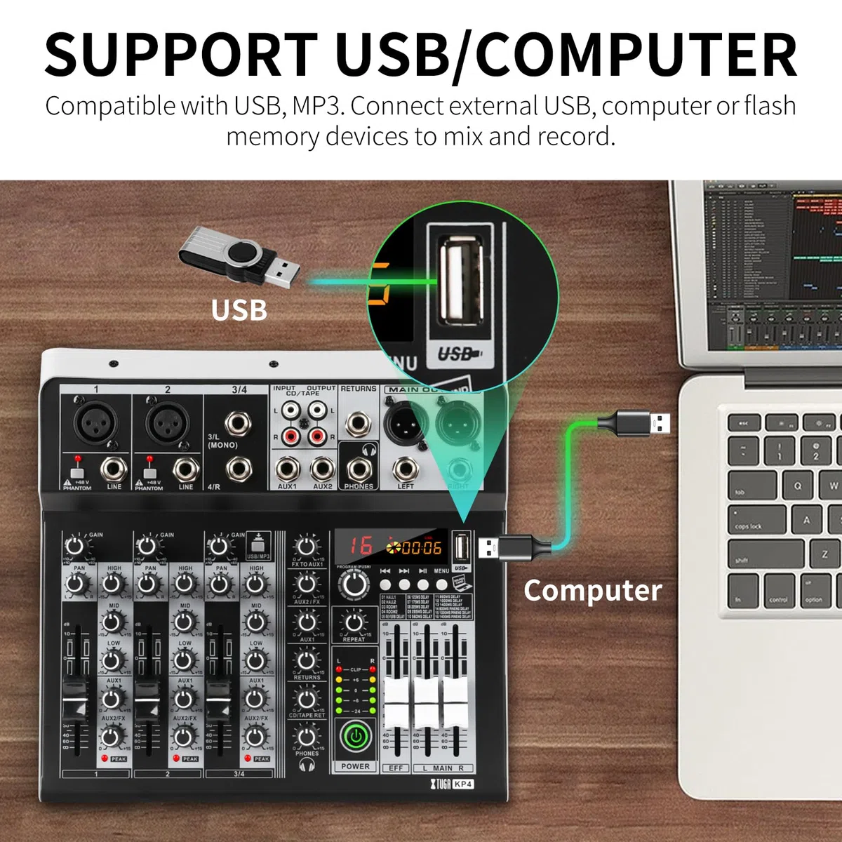XTUGA Mélangeur Audio 4 Pistes Mélangeur audio Table de Mixage USB professionnel pour enregistrement sur ordinateur, mélangeur de studio avec alimentation fantôme 48 V, mélangeur DJ Bluetooth, KP4