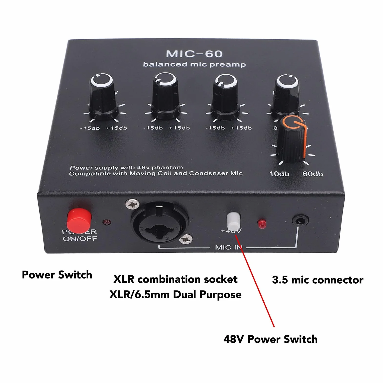Préampli de Microphone équilibré, 10-60 DB Microphones Booster Mic Pre Amplificateur pour Enregistrer Le Streaming en Direct du Studio avec des Sorties D'entrées de 48 V XLR