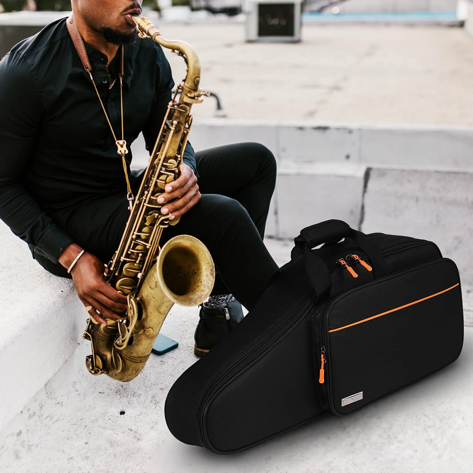 Vaguelly Valise pour saxophone alto Oxford étanche avec rembourrage de 18 mm, bandoulière, poche extérieure, de transport léger pour saxophone Noir