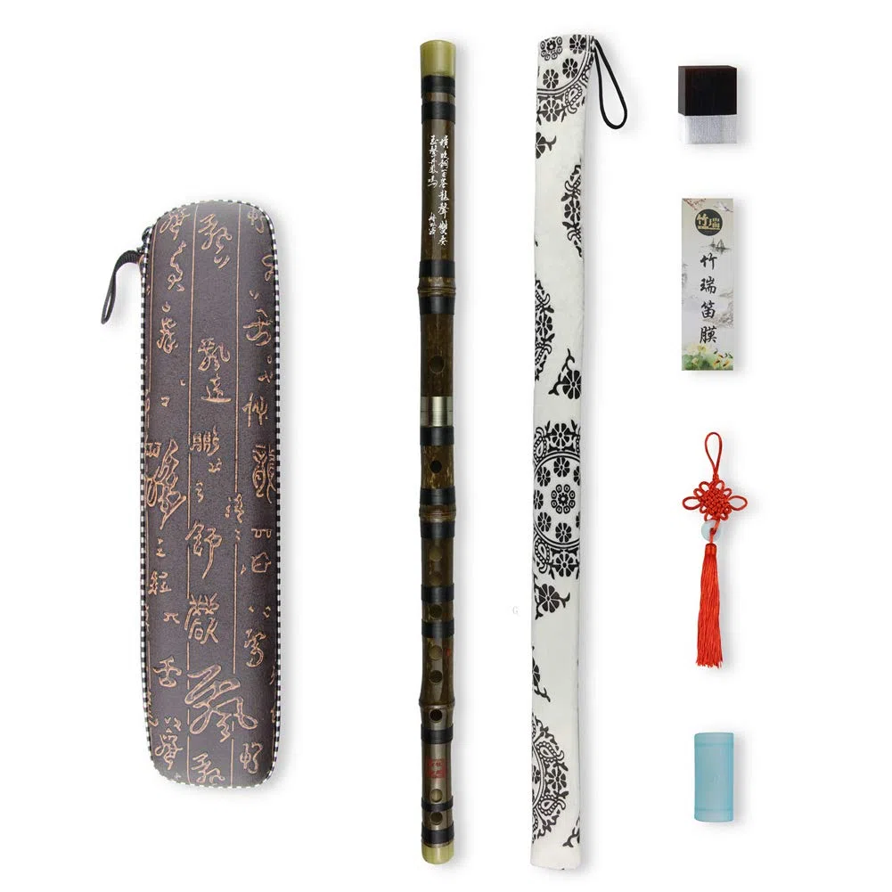C Key Dizi Flûte en bambou noir avec membrane, colle et protection - Instrument chinois traditionnel (clé de C/bambou noir)