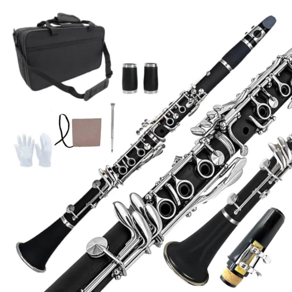 Clarinette en si bémol pour étudiant en bois d'ébonite si bémol 17 touches nickelé pour débutant avec 2 barils avec chiffon de nettoyage gants Noir Orchestre Instrument de musique