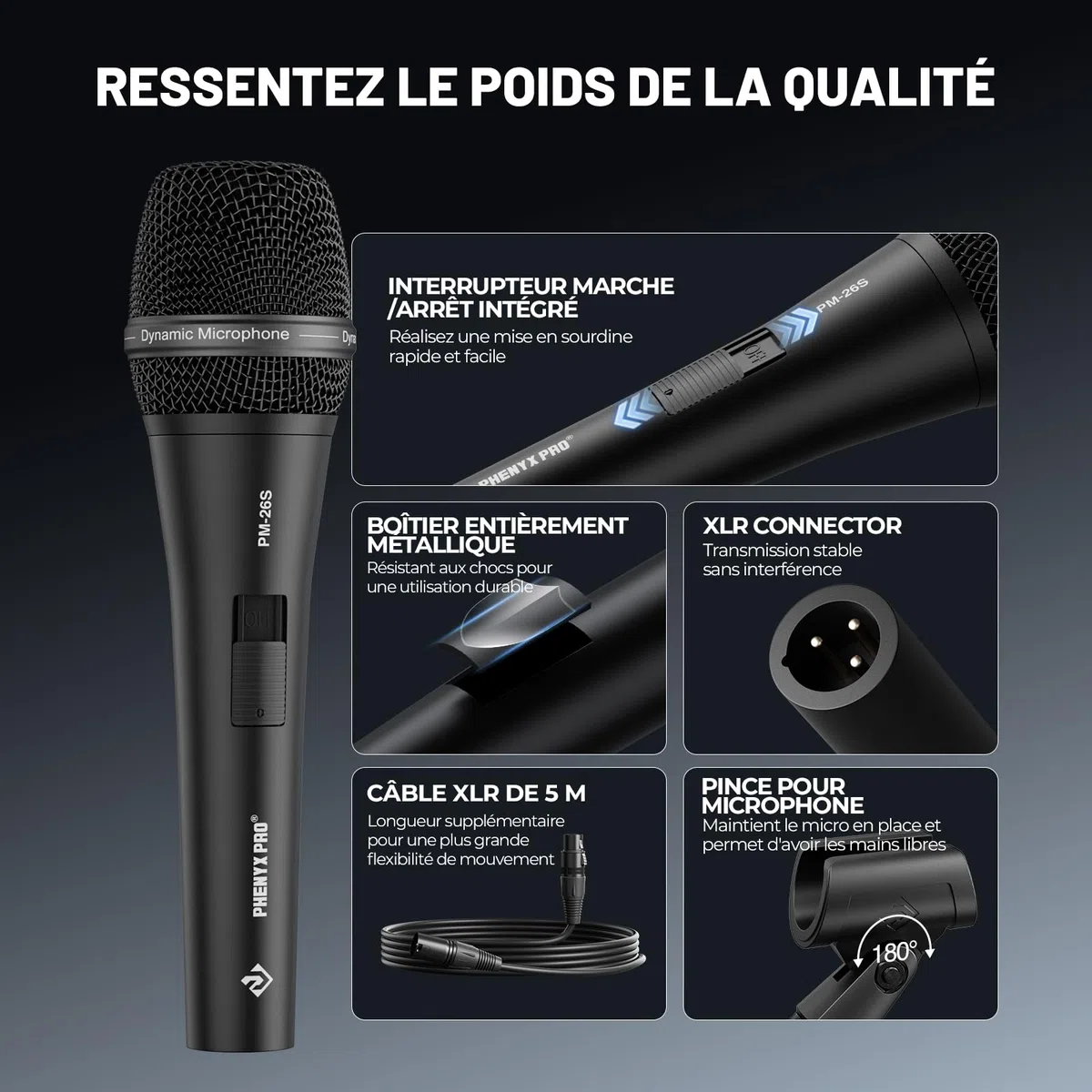Microphone Vocal Dynamique supercardioïde Phenyx Pro PM-26S avec câble XLR de 5 m, Pince pour Micro et Pochette de Rangement, Micro Filaire à Main pour Chant, scène, Studio et karaoké