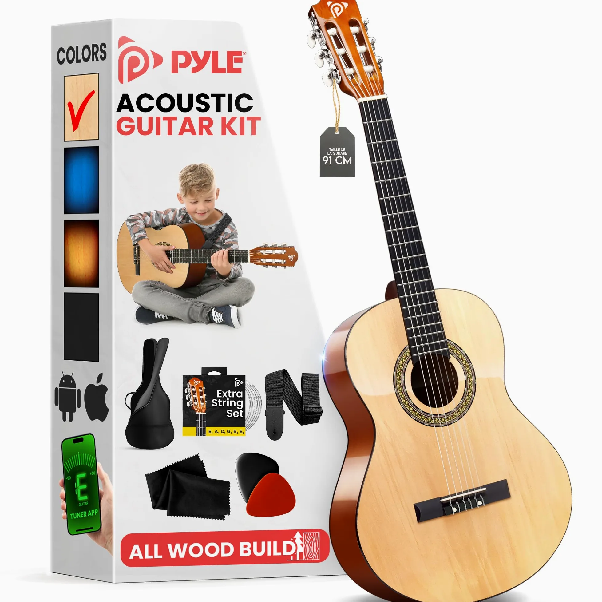 Pyle - Kit de Guitare Acoustique pour Débutant - Guitare Enfant/Adulte - Taille Junior 3/4 en Bois Massif - 91,44 cm Frêne Naturel
