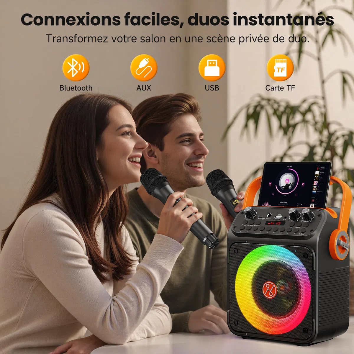HWWR Enceinte Karaoke 2 Micro sans Fil, 60W Karaoke Professionnel pour Adultes et Enfants, Bluetooth 5.3 avec Préampli Enceinte Micro, Haut-Parleur de Fête Portable - Cadeau