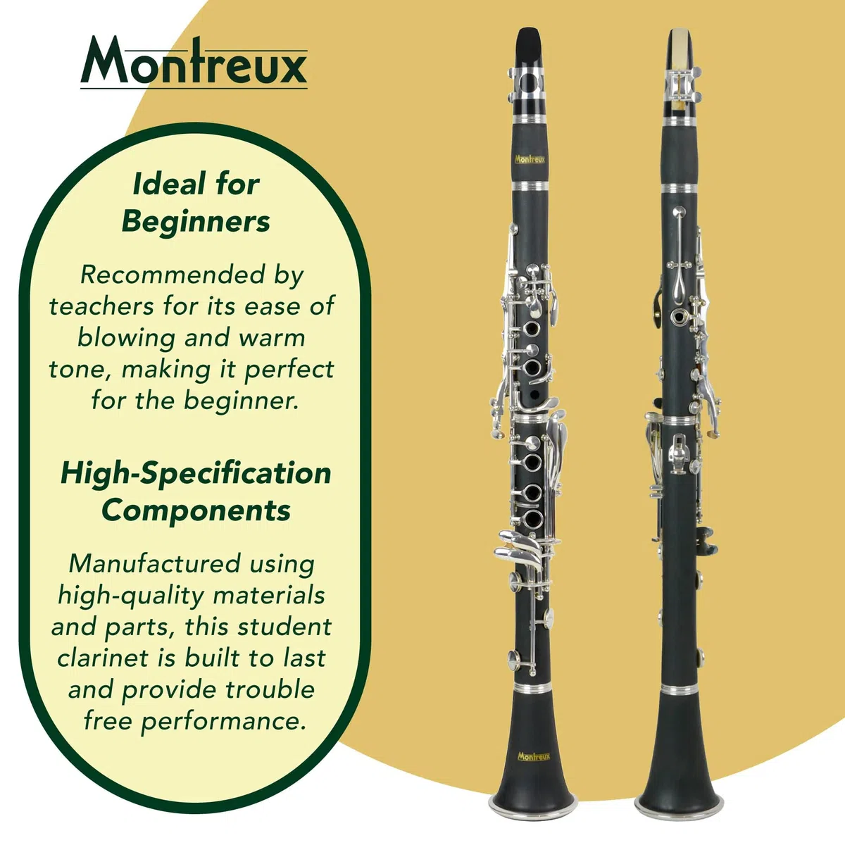 Montreux Clarinette Sib Étudiante pour débutant avec étui de protection léger, bec et anche - Résine ABS, 17 touches, Si bémol