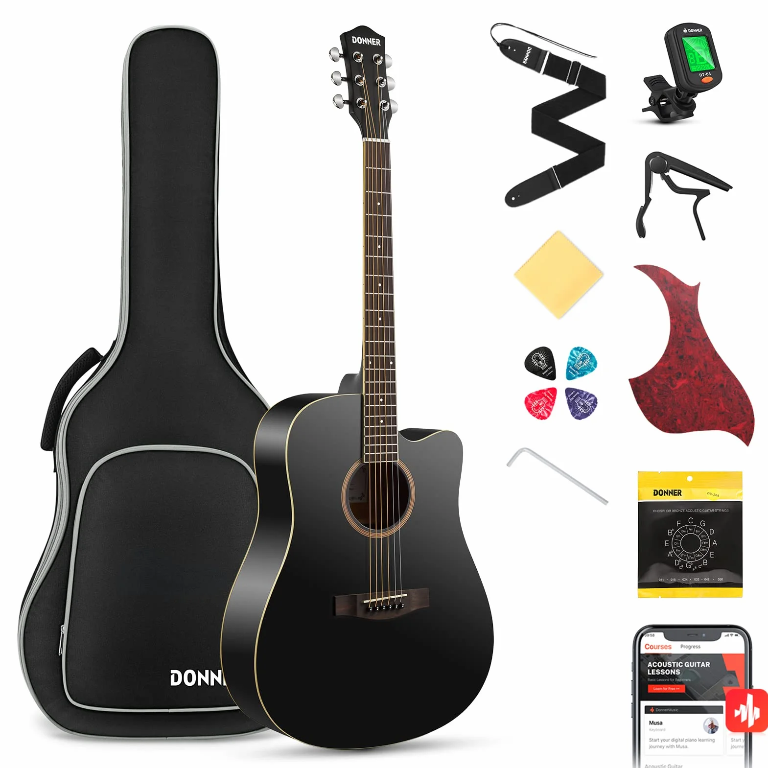 Donner Guitare Acoustique 4/4 Guitare Folk 41 Pouces pour Adultes Débutant Guitare Cutaway Kit avec Accordeur Corde Sac (Noir）