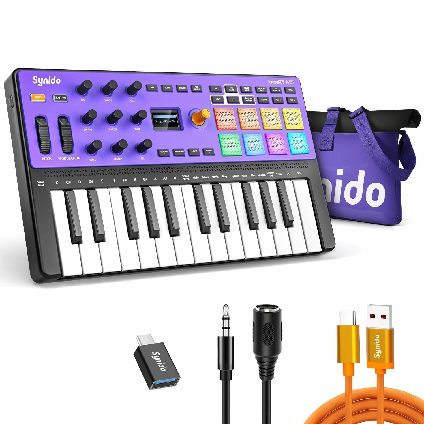 Synido TempoKEY W25 Clavier contrôleur MIDI USB C 25 touches Connexion sans fil rechargeable avec 8 pads RVB Velocity Écran OLED, MIDI In/Out/Thru, Clavier MIDI professionnel pour production musicale