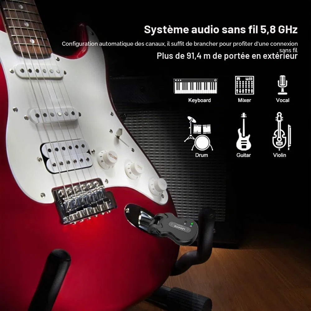 LEKATO 5.8Ghz Guitare Transmetteur sans fil Récepteur Système de guitare sans fil Rechargeable Audio numérique Système de basse Guitare sans fil (Noir)