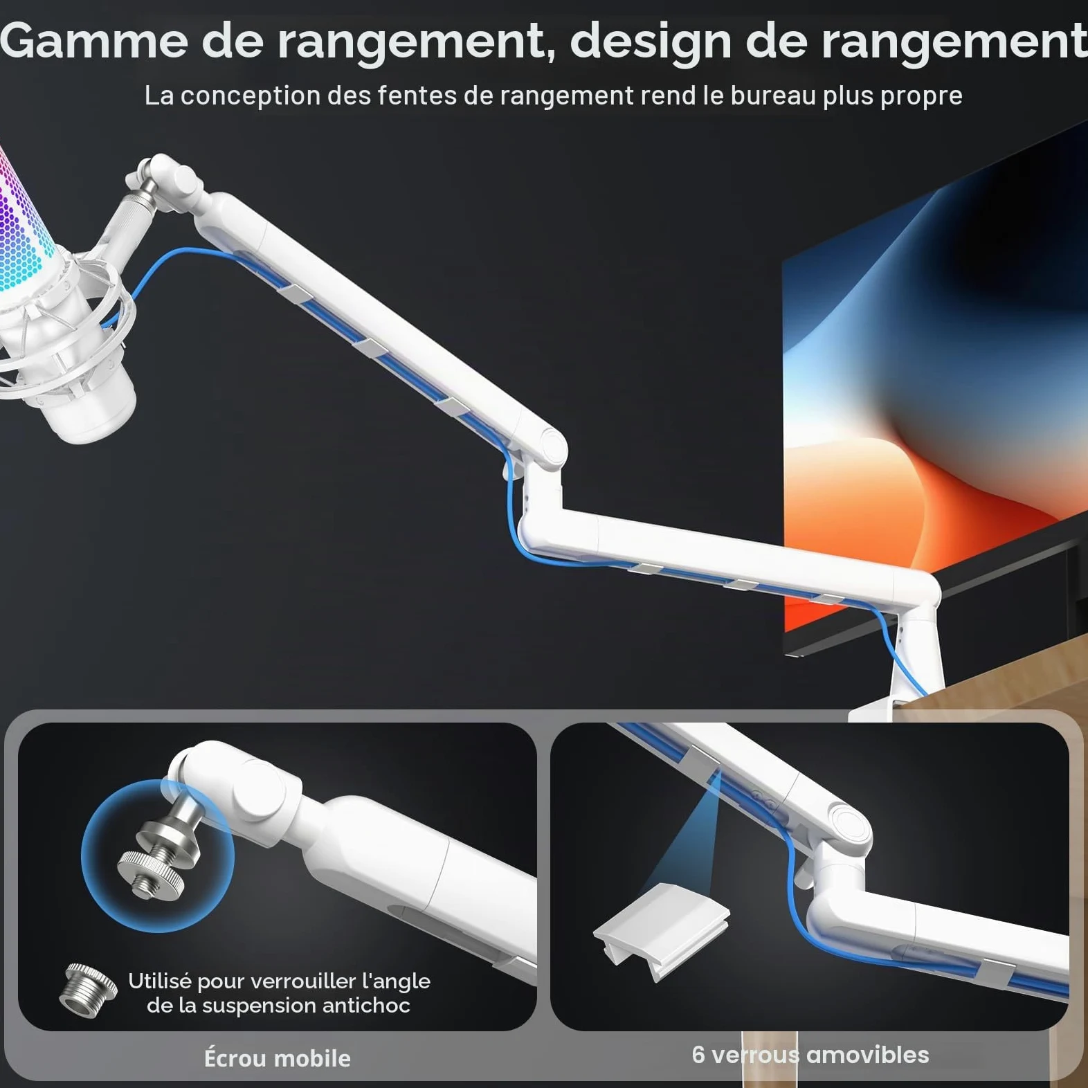 Aokeo AK-55 Bras de microphone réglable pour bureau - Convient pour Blue Yeti, Snowball iCE, HyperX QuadCast, SoloCast, Elgato Wave, etc