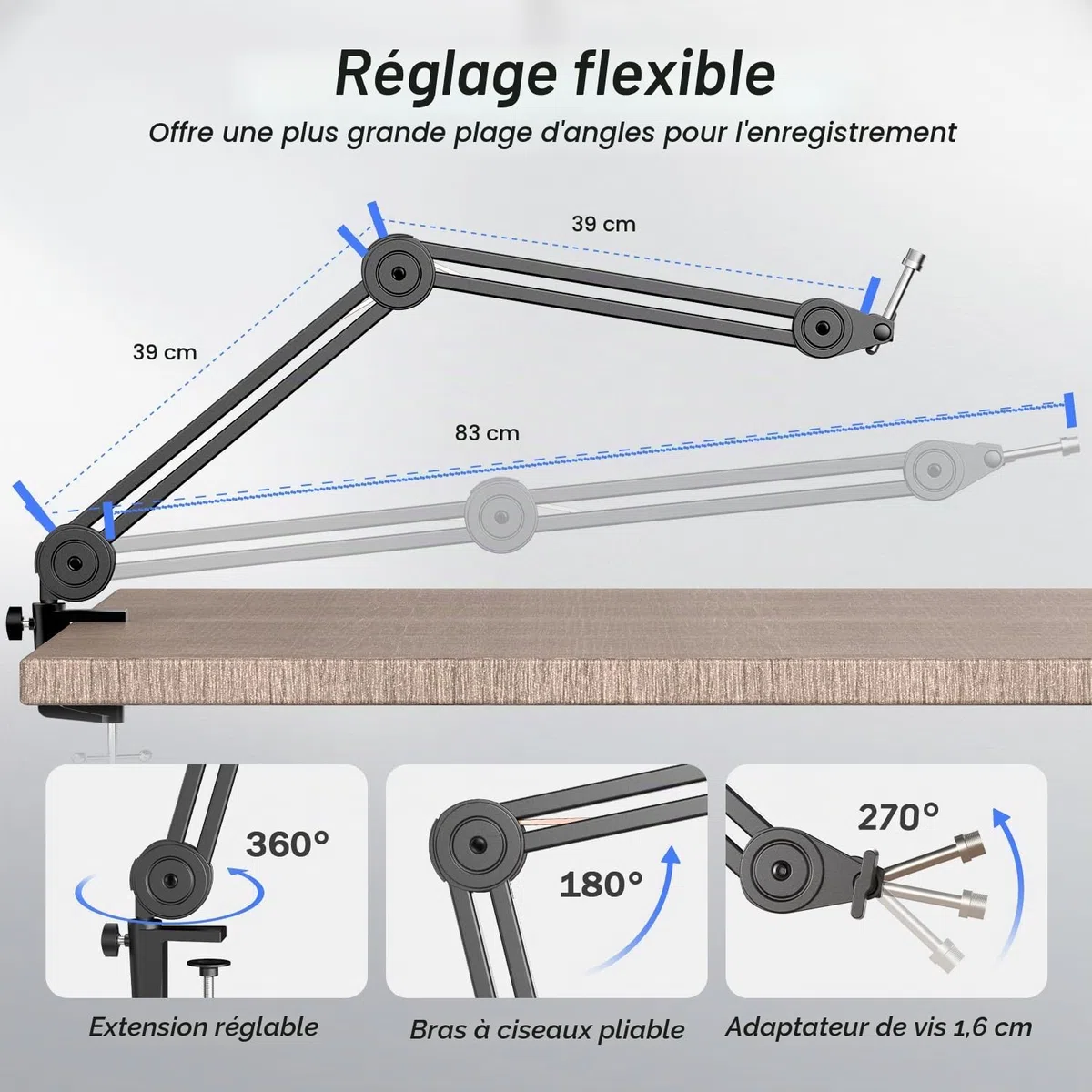 FIFINE Bras de Micro, Suspension Supports de Microphone, 3/8'' vers 5/8'' Vis Adaptateur, pour K658 AM8 K688 A8 et Autres Micros, pour Studio Enregistrement Vidéo