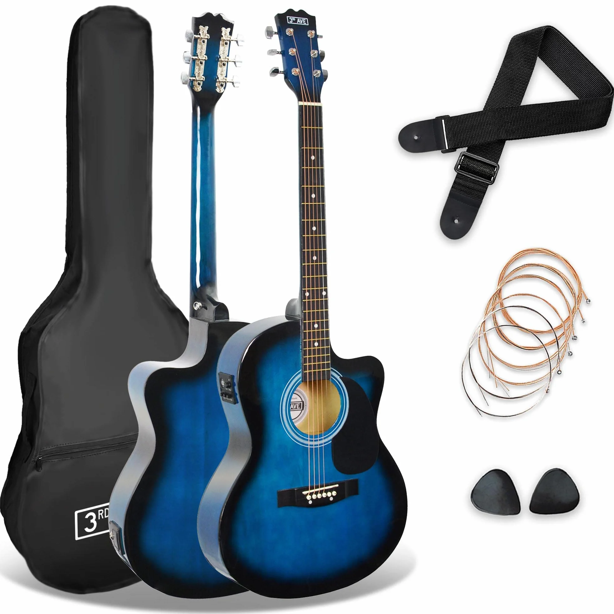 3rd Avenue Pack Guitare Électro-Acoustique À Pan Coupé 4/4 Taille Standard pour Débutants, Accordeur et Eq Intégrés – Bleu