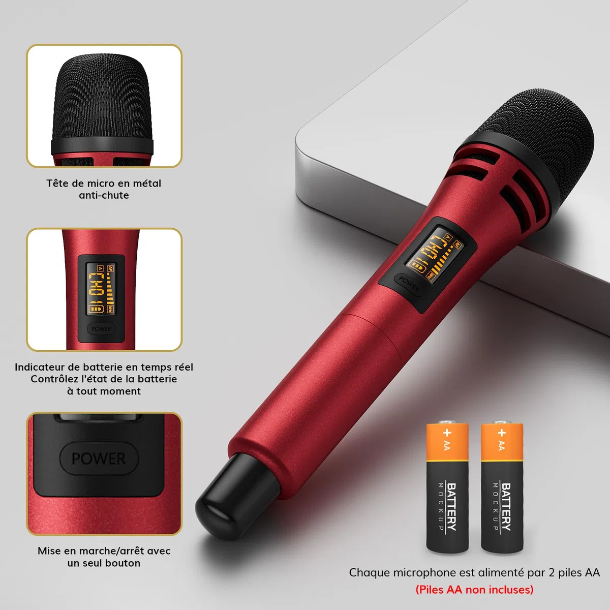 TONOR Micro Karaoke sans Fil, UHF Microphone Dynamique Chant Portable à Main avec Récepteur Rechargeable pour Karaoké Discours Mariage DJ Spectacles église Classe Conférences, 60M, Gris&Rouge, TW320