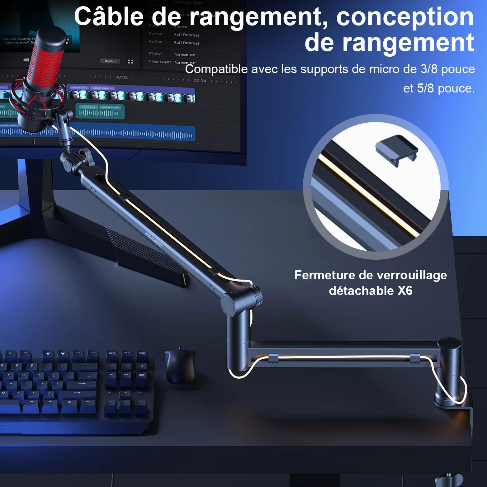 Bras Micro,Aokeo AK-58 Support Articulé de Bureau à Profil Bas pour Blue Yeti,Snowball iCE,HyperX QuadCast/SoloCast,Elgato Wave,etc