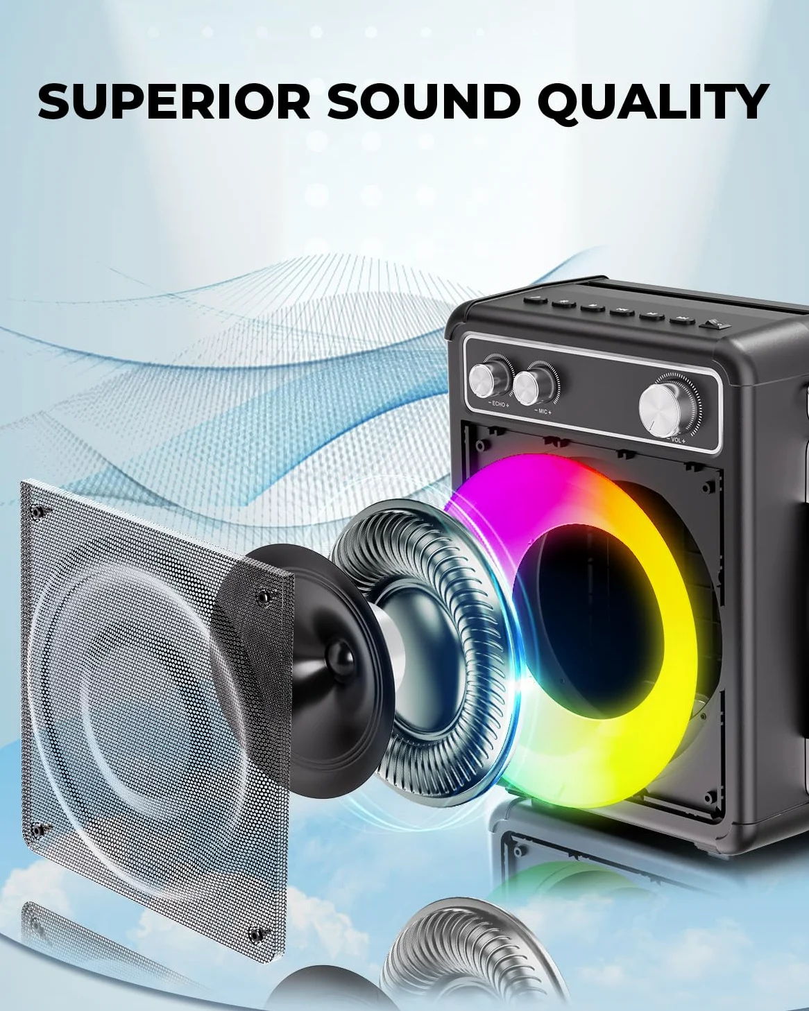 BONAOK Machine Karaoké, Système Karaoké Bluetooth avec 2 Microphones, Machine Karaoké Rechargeable, Boîte à Musique avec Effet Lumineux, Support TF USB pour Soirée à Domicile