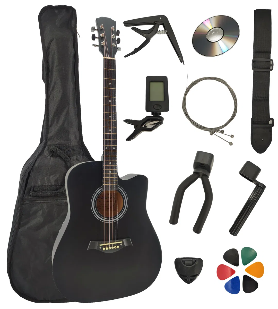 Guitare Acoustique Folk 4/4 Adulte 41 Pouces + 9 Accessoires + Cour Vidéo et CD (Noir)