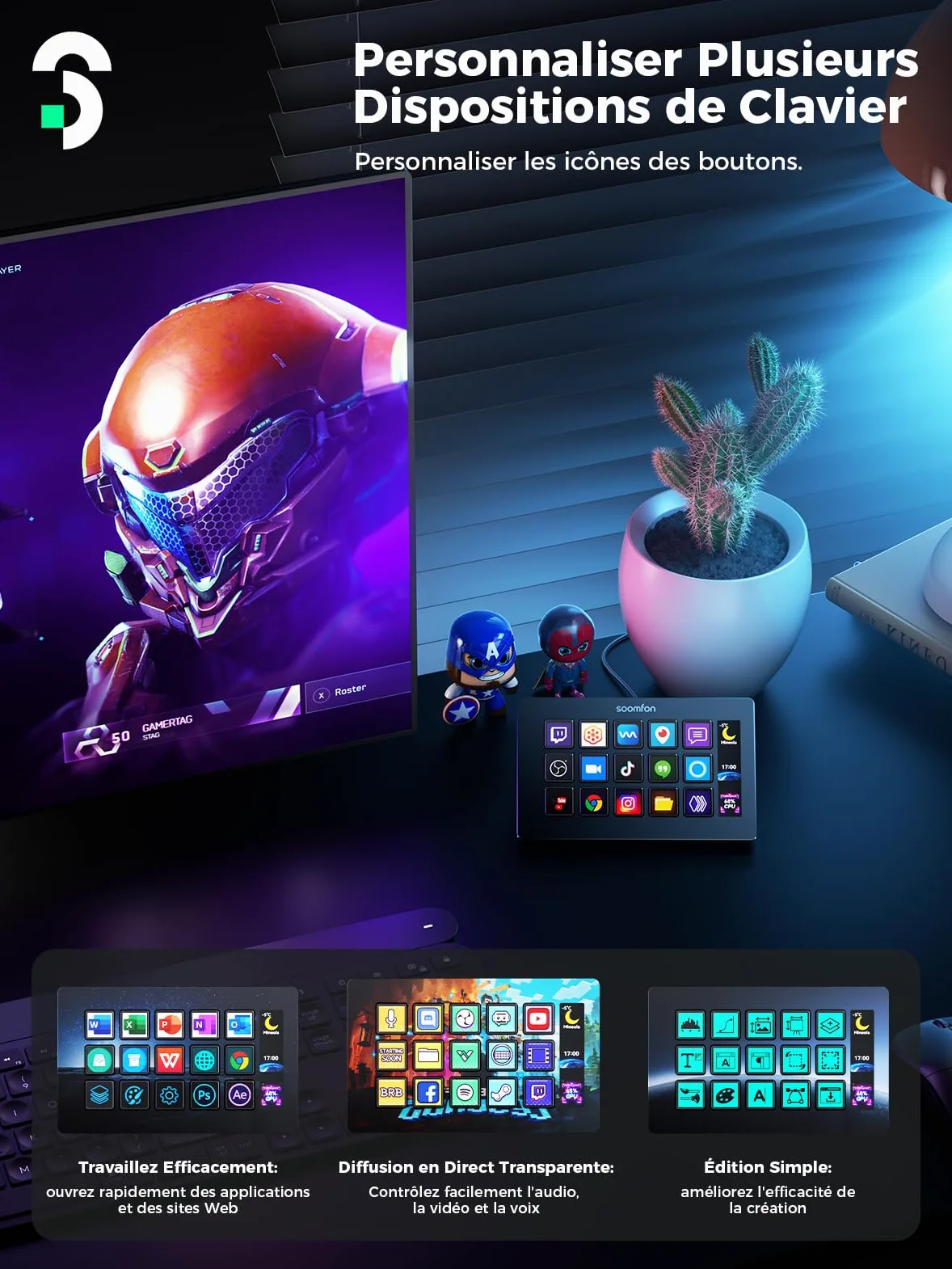 SOOMFON Stream Controller, Production Console Deck 15 Touches Macro, Stream Control Deck Déclencher des Actions dans OBS, Twitch, YouTube, Streamlab et autres, Stream Contrôleur Deck Compatible PC/MAC