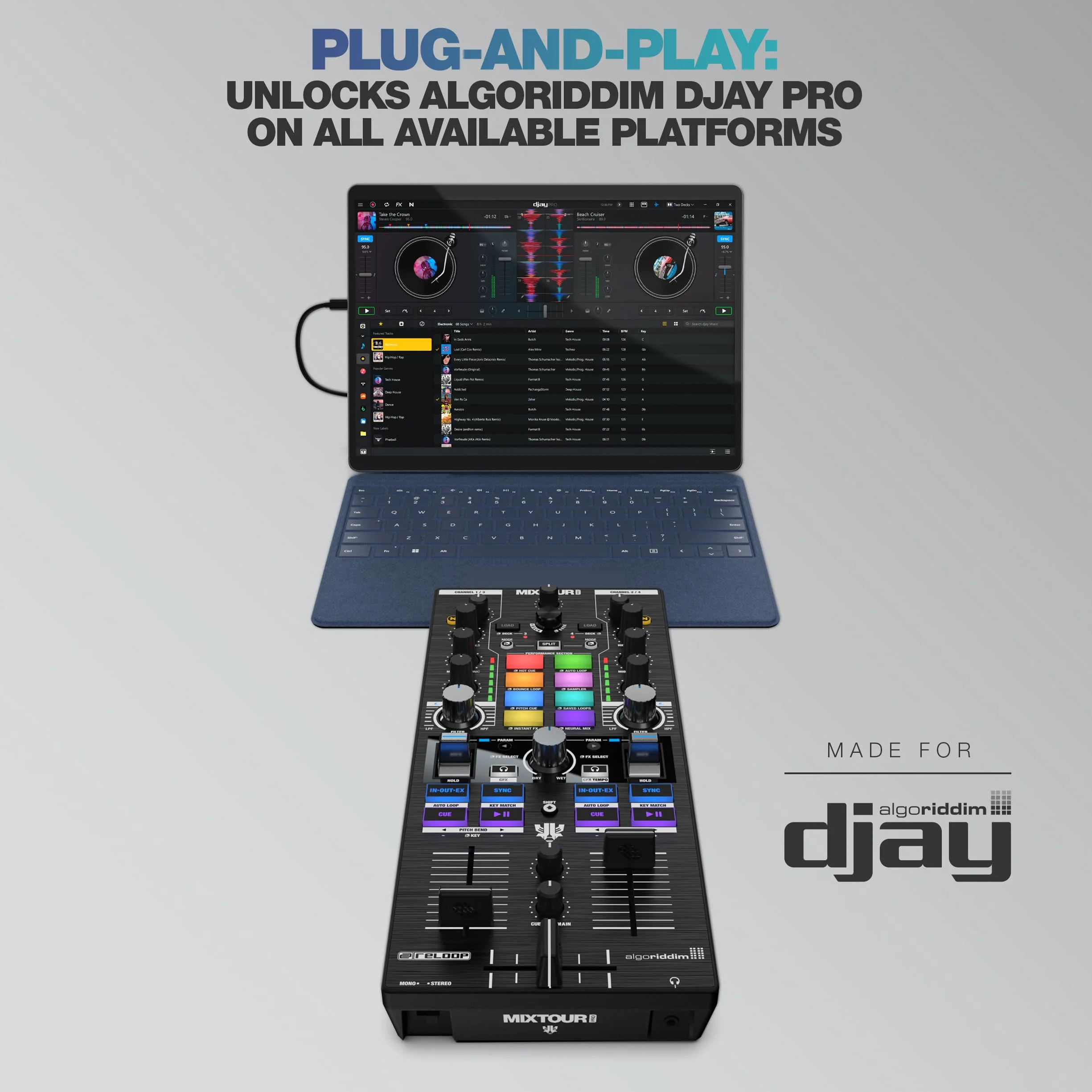 Reloop Mixtour Pro - Contrôleur DJ tout-en-un ultra-portable de haute qualité à 4 platines avec interface audio
