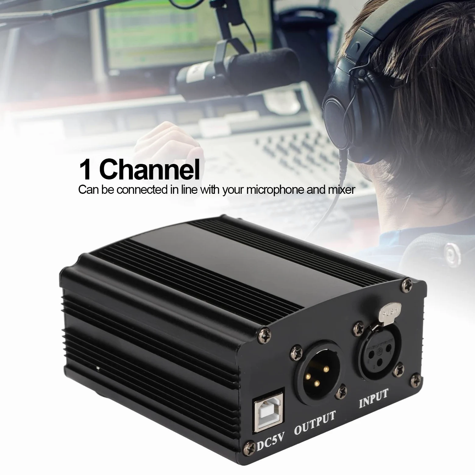 Bewinner Alimentation Fantôme 48 V, Alimentation Fantôme pour Microphone à Fonctionnement Facile, Alimentation Micro à Condensateur 1 Canal avec Câble XLR 3 Broches et Câble USB.