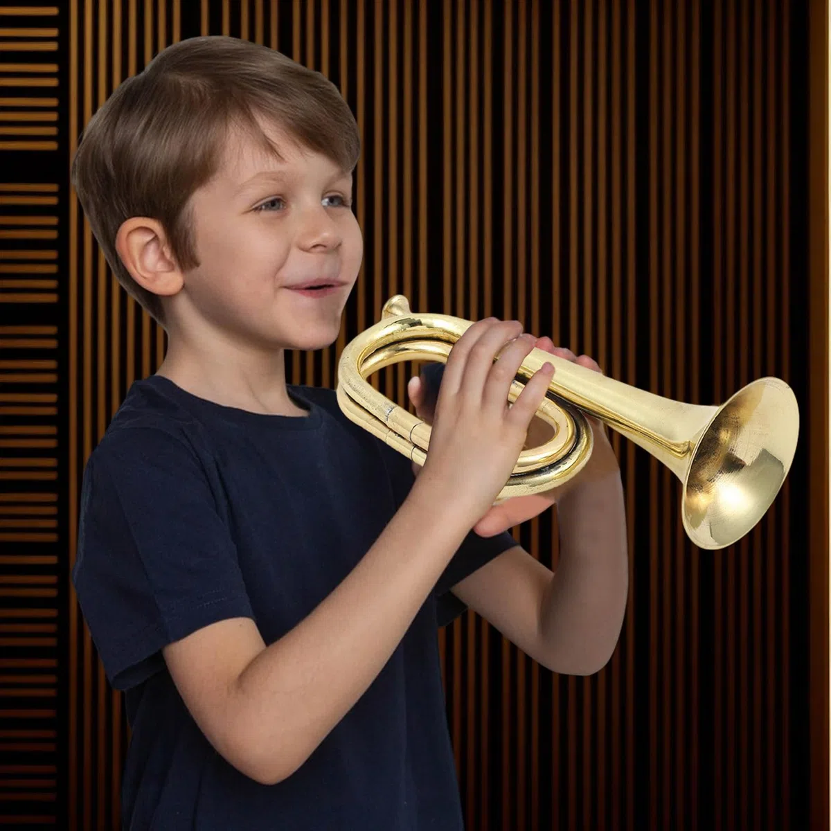 Brass Bugle Horn, Pocket Trumpet, Toy Instrument Gold, Fashionable Cavalry Music Horn, Band & Orchestra Sound Tool for Kids and Beginner Performance Use, 12.01 Inches