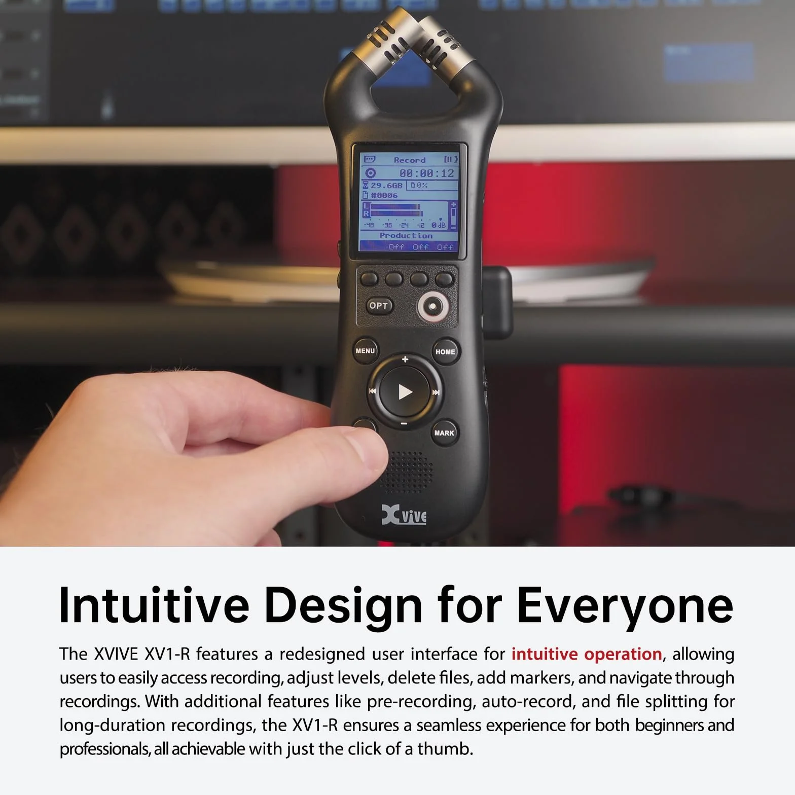Xvive - XV1-R - Enregistreur numérique portatif avec microphones intégrés - enregistrement stéréo mono wav