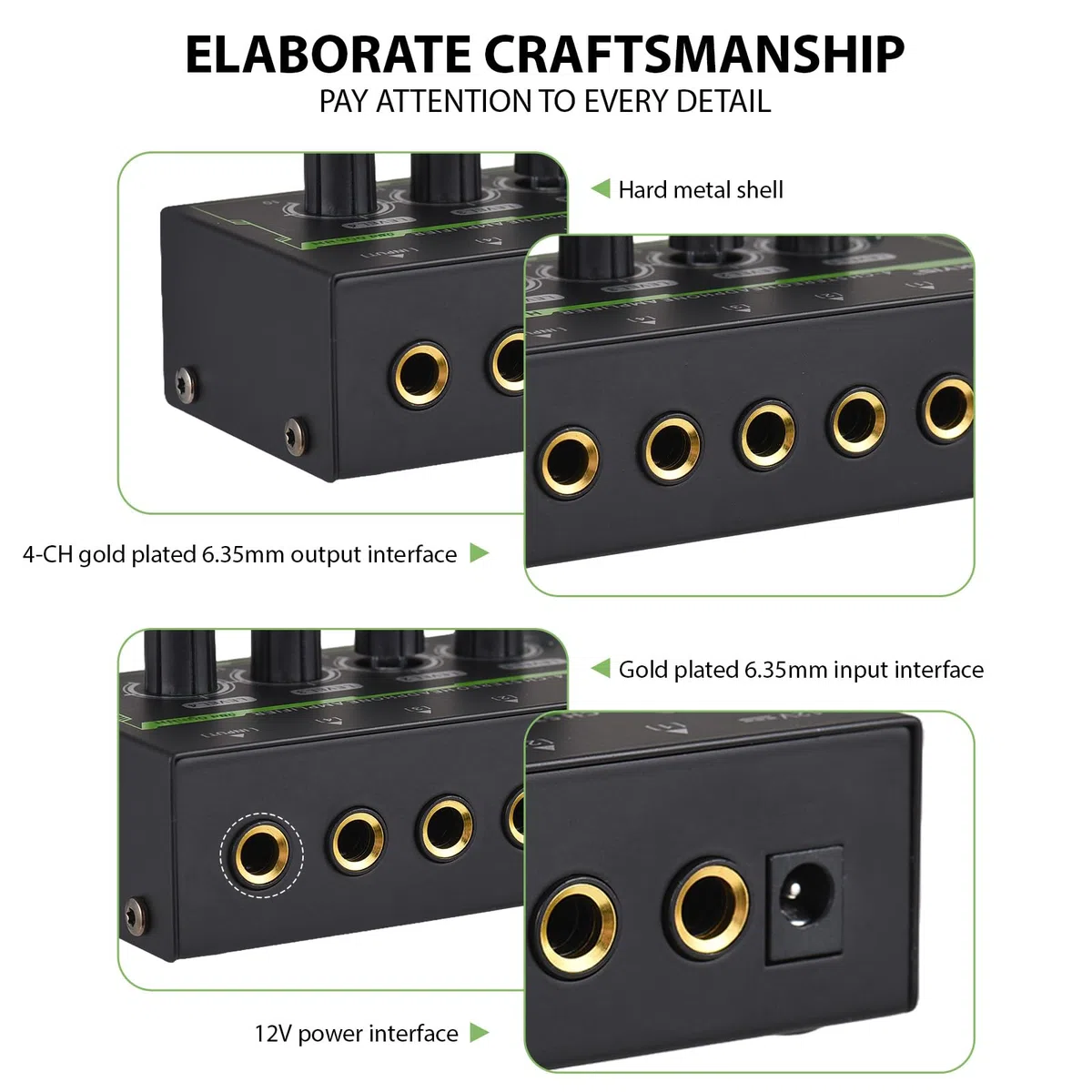 Btuty Amplificateur Pour Casque Stéréo à 4 Canaux Mini Amplificateur Audio avec Adaptateur D'alimentation DC 12 V Interface D'entrée/Sortie De 6,35 MM Splitter