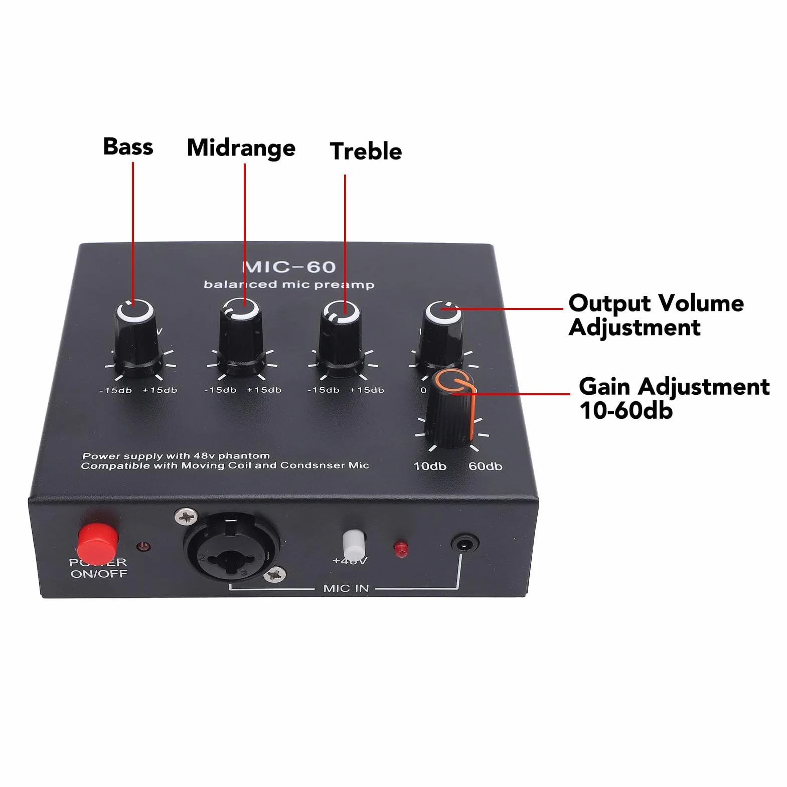 Préampli de Microphone équilibré, 10-60 DB Microphones Booster Mic Pre Amplificateur pour Enregistrer Le Streaming en Direct du Studio avec des Sorties D'entrées de 48 V XLR