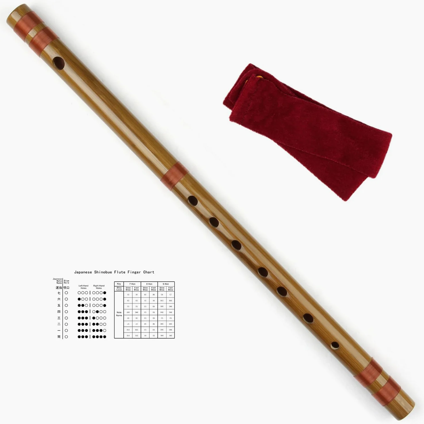 SUTILA Flûte japonaise Shinobue 7/8 hon faite à la main en bambou (7hon avec ligne rouge)