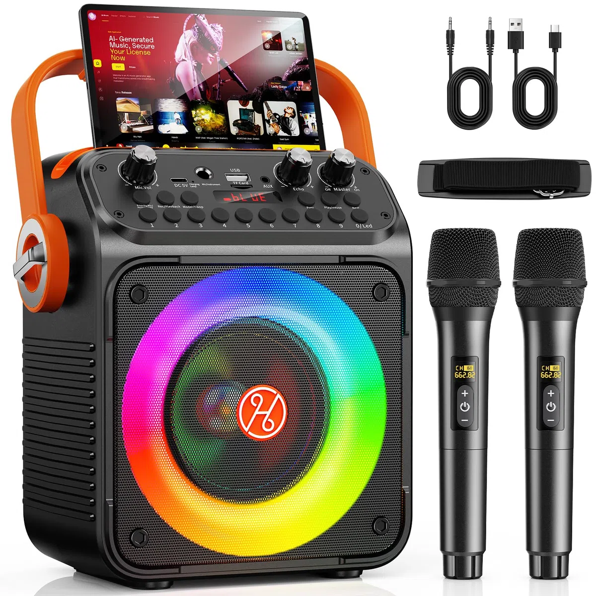 HWWR Enceinte Karaoke 2 Micro sans Fil, 60W Karaoke Professionnel pour Adultes et Enfants, Bluetooth 5.3 avec Préampli Enceinte Micro, Haut-Parleur de Fête Portable - Cadeau