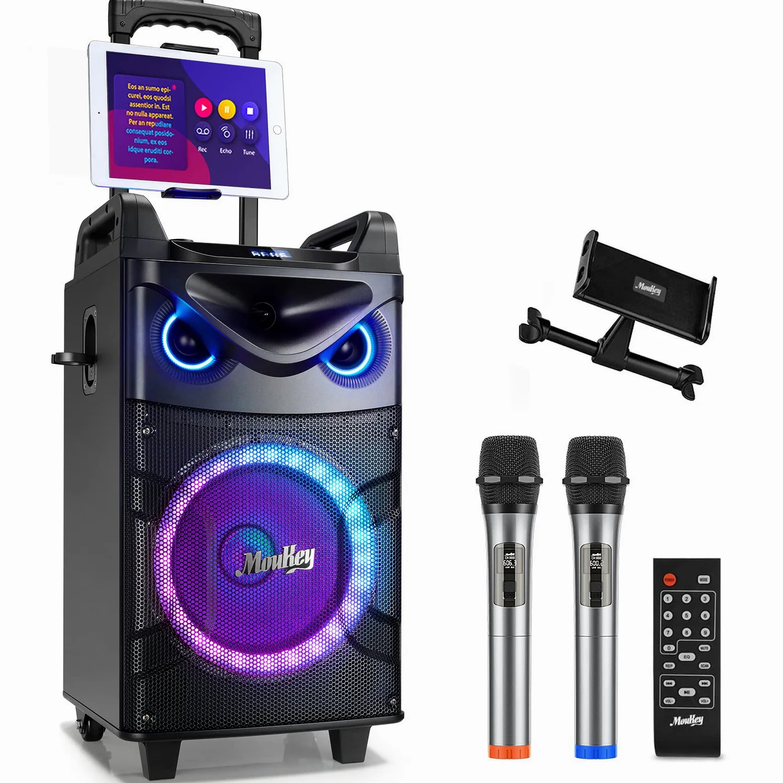 Moukey Enceinte Karaoké avec 2 UHF Microphones sans Fil, Karaoke Professionnel Complet Machine de Karaoké Portable avec Lumières de fête, Haut-Parleur Bluetooth Support TWS/REC/AUX/MP3/USB/TF/FM