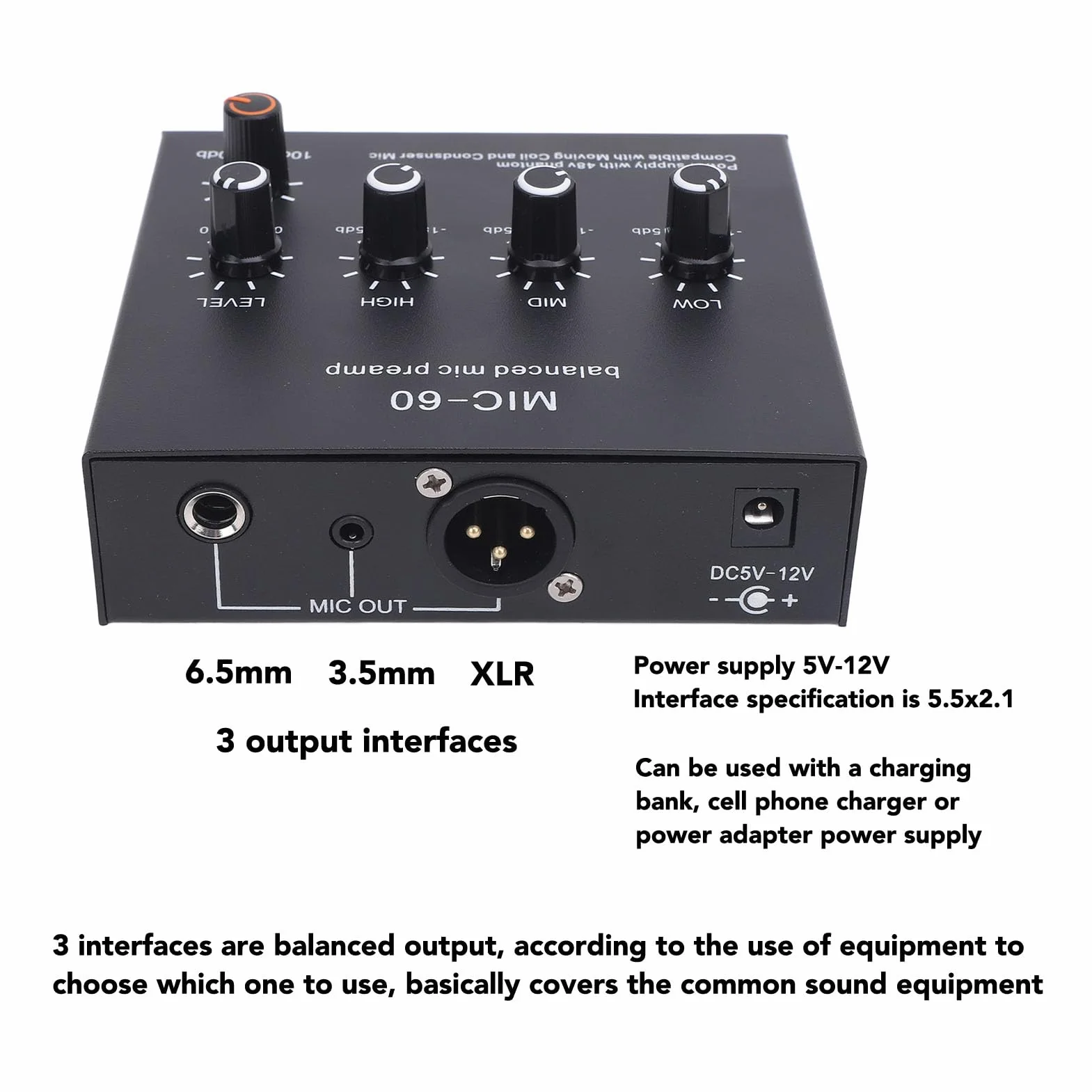 Préampli de Microphone équilibré, 10-60 DB Microphones Booster Mic Pre Amplificateur pour Enregistrer Le Streaming en Direct du Studio avec des Sorties D'entrées de 48 V XLR