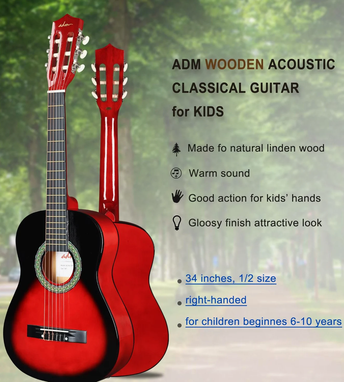 ADM Kit de guitare classique 1/2 pour enfants, 86,4 cm pour débutants avec sac de transport, accordeur à clipser, sangle, médiators, cordes supplémentaires, sac de rangement et chiffon de nettoyage