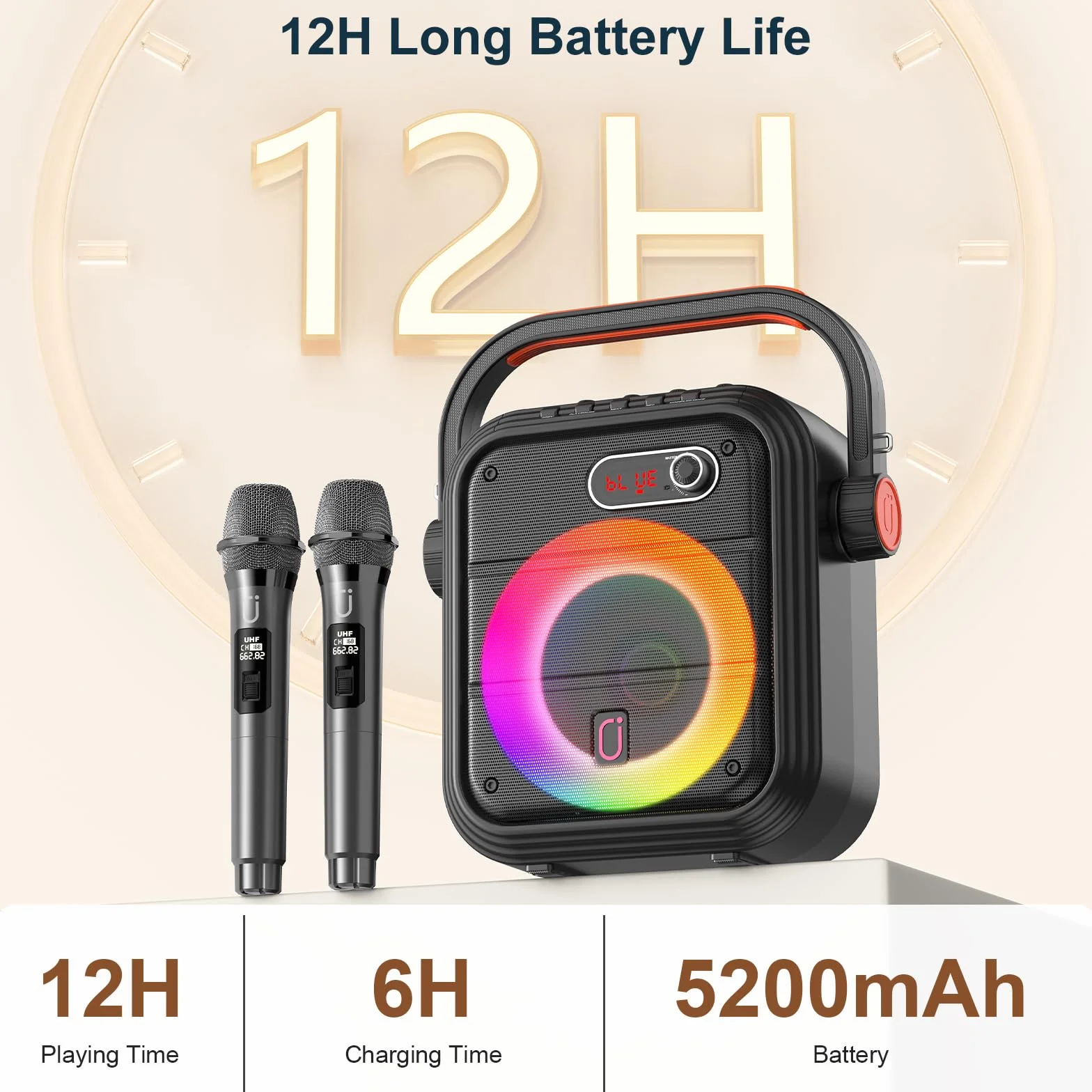 JYX Machine Karaoke avec 2 Micro sans Fil, Enceinte Karaoke Complet avec Lumières de fête, Effets EQ, Portable Système Karaoké Support TWS/AUX/FM/USB/TF Carte