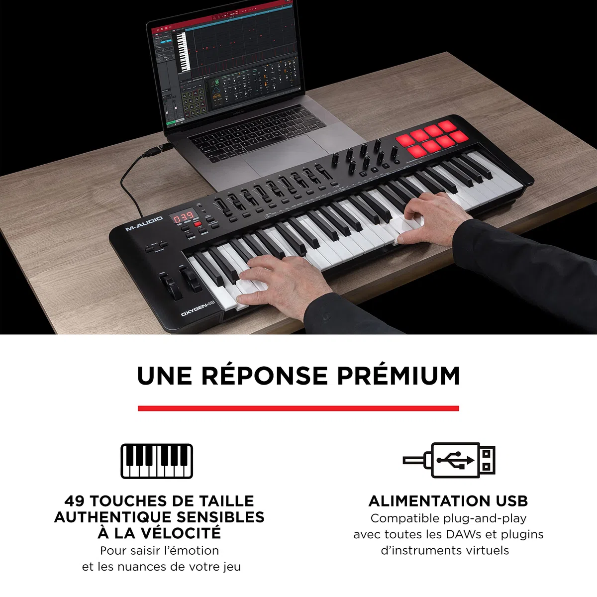 M-AUDIO Oxygen 49 (MKV) - Clavier maître 49 touches MIDI USB avec pads de rythme, modes Smart Chord et Scale, arpégiateur et pack de sons Native Instruments (intégration NKS)