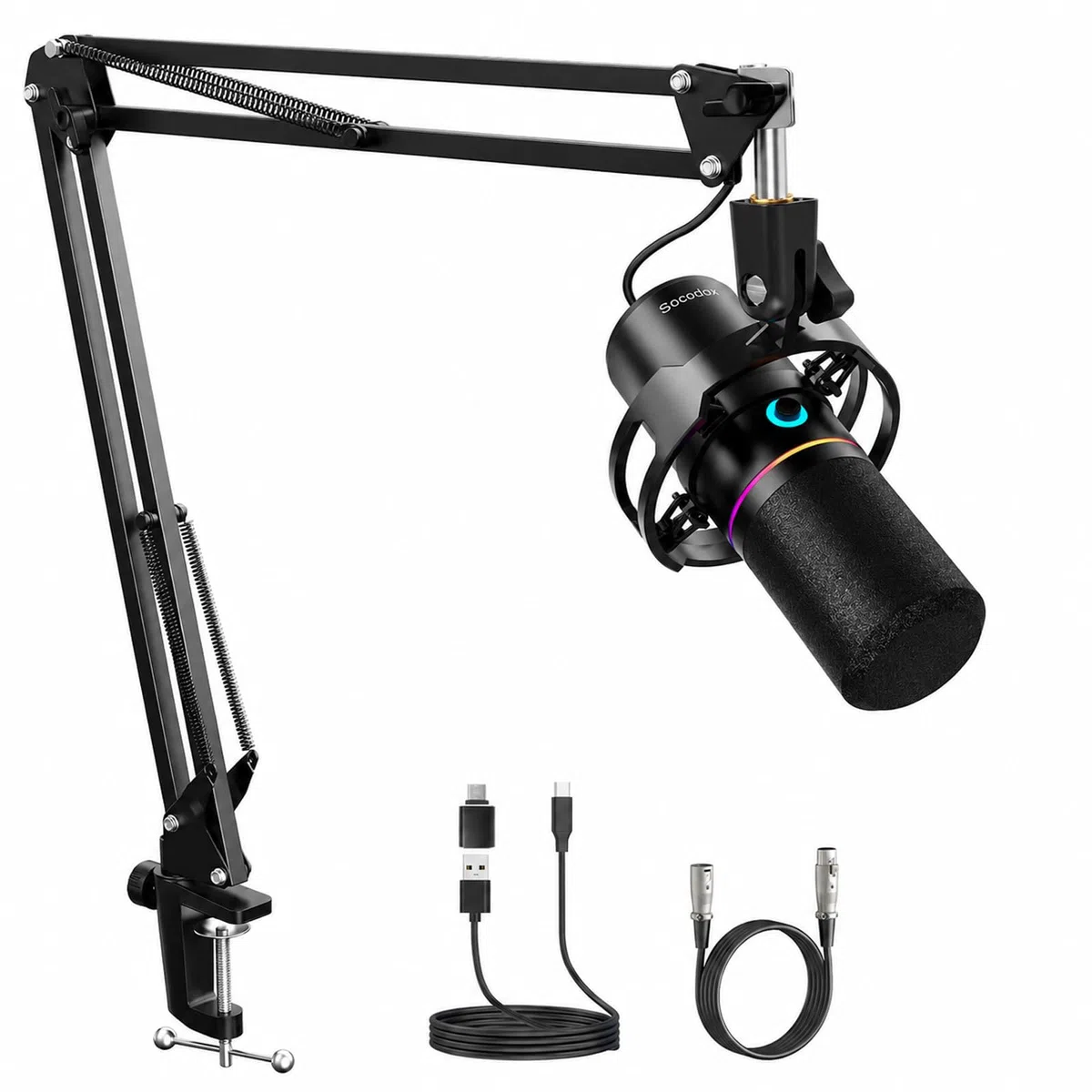 Microphone Gaming XLR/USB avec Perche, Microphone Dynamique avec Mise en Sourdine Instantanée, Contrôle du Gain et Prise Casque, Microphone RGB pour Podcast, Streaming, Enregistrement et Chant
