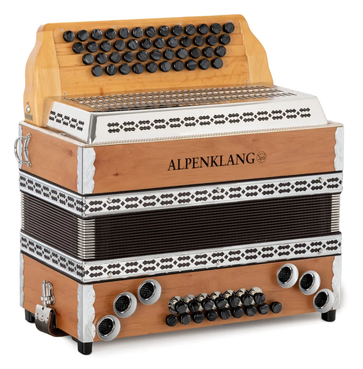 Alpenklang Pro Alpline 34 Eco Harmonika G-C-F-B MB - 46 boutons (4 rangées, 3 voix) - X-Bass découplé et H-Bass - Set incl. manuel Michlbauer avec CD - Hêtre
