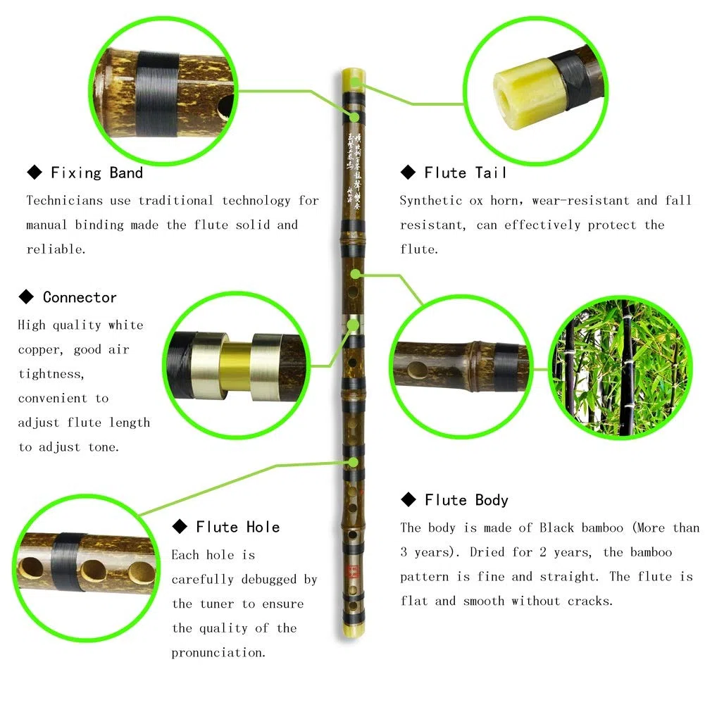 C Key Dizi Flûte en bambou noir avec membrane, colle et protection - Instrument chinois traditionnel (clé de C/bambou noir)