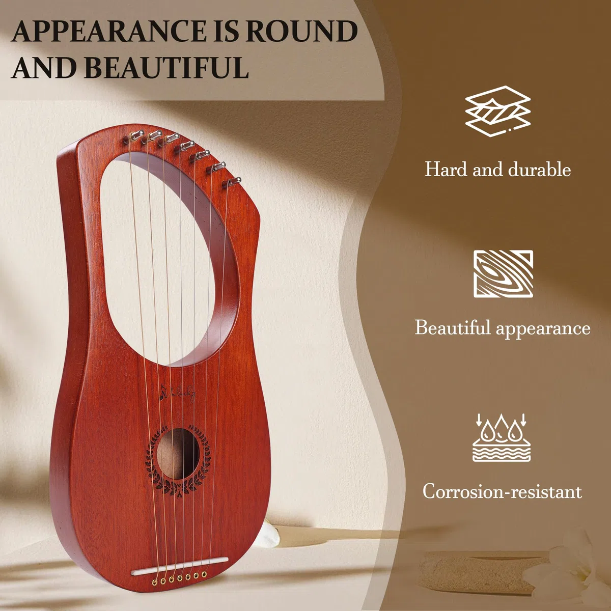 Mulucky Lyre Harp 7 cordes en métal en acier avec selle en os en acajou, Instrument lyre avec accordeur et sac de transport noir - MLH701